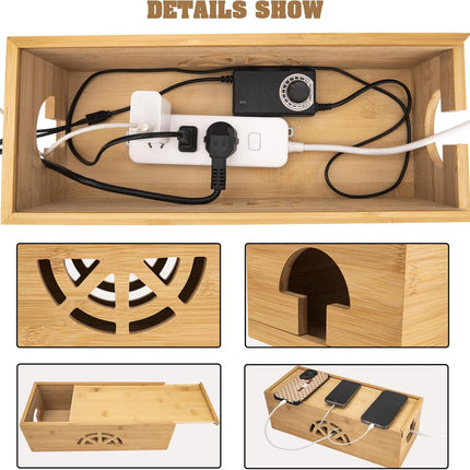Cable Management Box,Cord Organizer Box,Bamboo Box for fit Desk Computer USB Behind TV Home Hall Power -