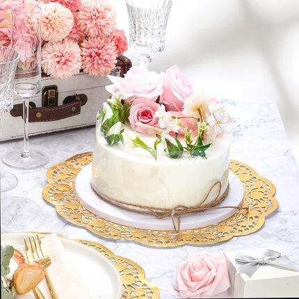 200 Pcs Doilies Lace Paper 14 Inches Disposable Foil Placemats Large Round Pad for Cakes Crafts Wedding Birthday Party Decoration(Gold) Gold -