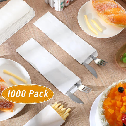 1000 Pieces White Silverware Bags Churro 3 x 10 Inch Kraft Sleeves Paper Utensil for Kitchen Cutlery Oilproof Pretzel Rod Cookies Bakery Treats -