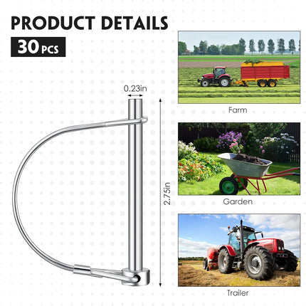 30 Pcs Trailer Hitch Pin Lock, 2-3/4" x 1/4" Pto Shaft Locking Safety Coupler Pin, Carbon Steel, Arch, Heavy Duty, for Farm Trailers, Towing, Wagons, Lawn Equipment and Hitches -