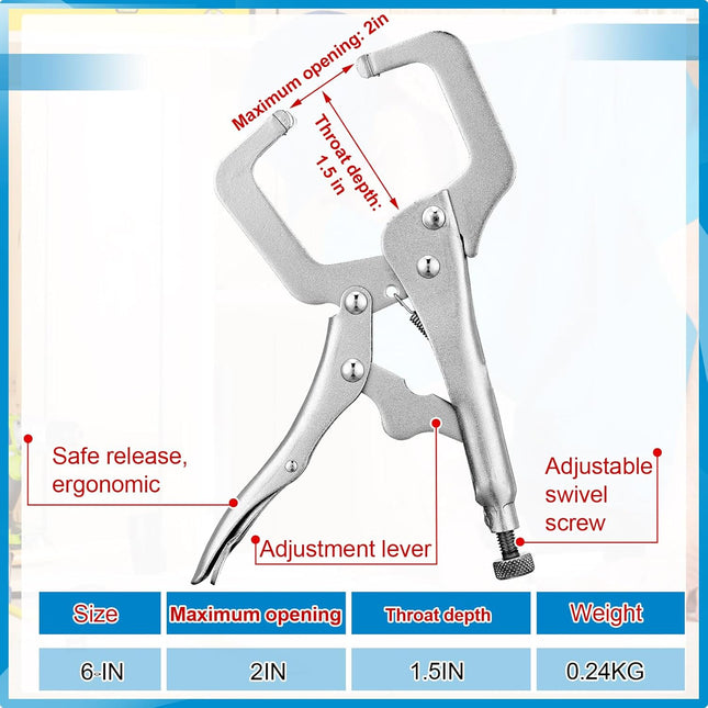 6 Pcs Inch Locking C Clamp Original Lock Regular Tips Plain adjustable Alloy Steel for Woodworking Carpentry Welding Electrical Equipment Silver