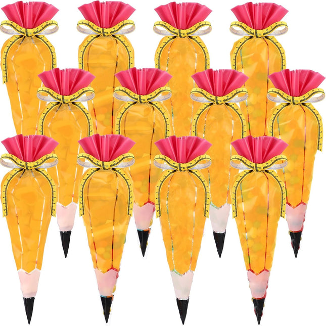 100 Pcs 5.12" x 9.84" Back to School Pencil Gift Bags Cone Popcorn Plastic Clear Treat Candy with Ribbon for Classroom Welcome First Day of Teacher Appreciation -