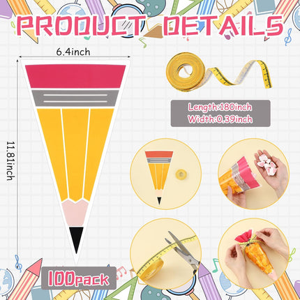 100 Pcs 5.12" x 9.84" Back to School Pencil Gift Bags Cone Popcorn Plastic Clear Treat Candy with Ribbon for Classroom Welcome First Day of Teacher Appreciation -