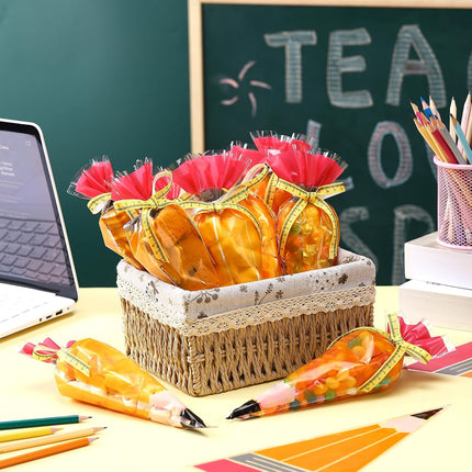 100 Pcs 5.12" x 9.84" Back to School Pencil Gift Bags Cone Popcorn Plastic Clear Treat Candy with Ribbon for Classroom Welcome First Day of Teacher Appreciation -