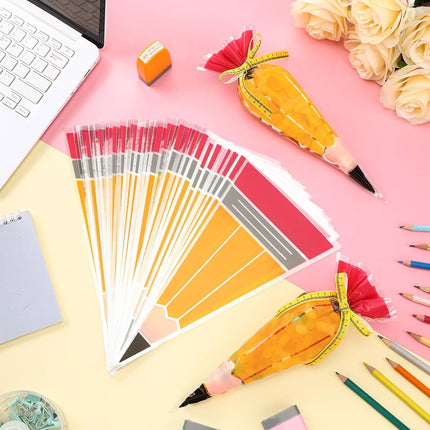 100 Pcs 5.12" x 9.84" Back to School Pencil Gift Bags Cone Popcorn Plastic Clear Treat Candy with Ribbon for Classroom Welcome First Day of Teacher Appreciation -