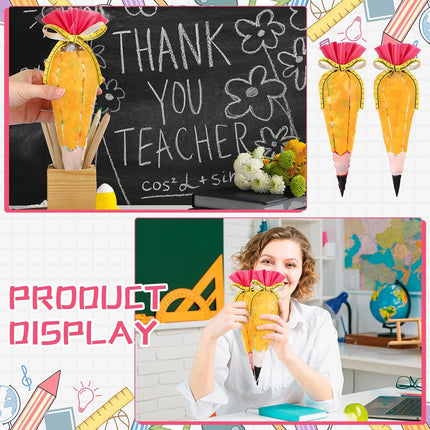 100 Pcs 5.12" x 9.84" Back to School Pencil Gift Bags Cone Popcorn Plastic Clear Treat Candy with Ribbon for Classroom Welcome First Day of Teacher Appreciation -