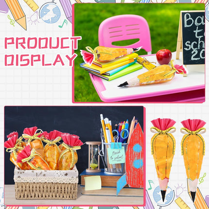 100 Pcs 5.12" x 9.84" Back to School Pencil Gift Bags Cone Popcorn Plastic Clear Treat Candy with Ribbon for Classroom Welcome First Day of Teacher Appreciation -