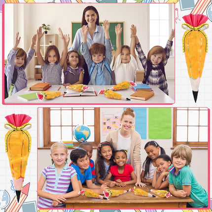 100 Pcs 5.12" x 9.84" Back to School Pencil Gift Bags Cone Popcorn Plastic Clear Treat Candy with Ribbon for Classroom Welcome First Day of Teacher Appreciation -