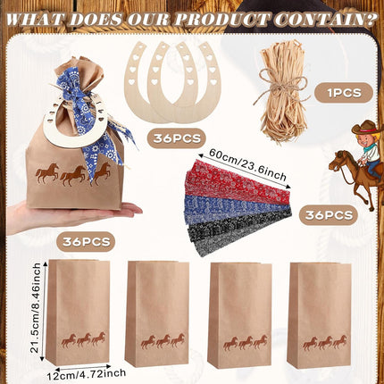 108 PCS Western Cowboy Gift Bags Party Favors With Bandana Print Ribbon and Horseshoe Pendant Treat for Birthday Supplies -