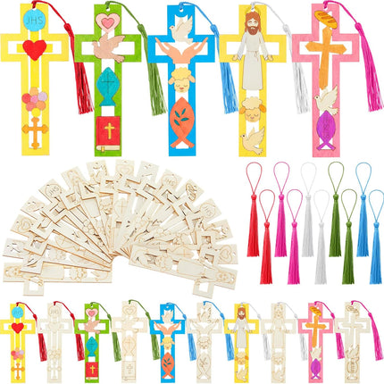 200 Pcs Religious Easter Wooden Cross Bookmarks Craft Kit, 100 Set Blank Crafts Bulk for DIY Sunday School First Communion, Baptism, Church Favors, Unfinished Wood Crosses with Tassels -