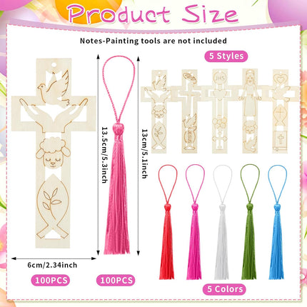200 Pcs Religious Easter Wooden Cross Bookmarks Craft Kit, 100 Set Blank Crafts Bulk for DIY Sunday School First Communion, Baptism, Church Favors, Unfinished Wood Crosses with Tassels -