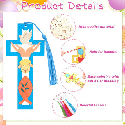 200 Pcs Religious Easter Wooden Cross Bookmarks Craft Kit, 100 Set Blank Crafts Bulk for DIY Sunday School First Communion, Baptism, Church Favors, Unfinished Wood Crosses with Tassels -