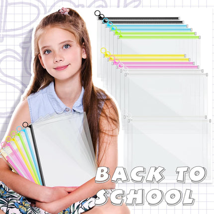 14 Pcs Back to School Clear Plastic Zip Envelope A4 Zipper Document Folder 13 x 9.7In File Expanding Pouch for Paper Pencil Storage Office Supplies (Stylish Colors) Stylish Colors -