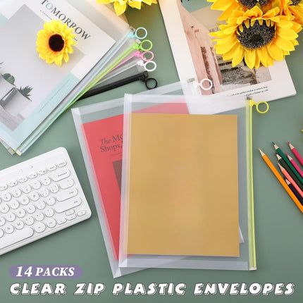 14 Pcs Back to School Clear Plastic Zip Envelope A4 Zipper Document Folder 13 x 9.7In File Expanding Pouch for Paper Pencil Storage Office Supplies (Stylish Colors) Stylish Colors -