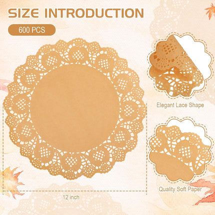600 Pcs Round Kraft Paper Doilies, 12 Inch Disposable Lace Placemats, Rustic Scallop Doily Table Pads for Wedding, Birthday Party, Food, Cakes, Oil-Proof, Reusable Tableware Decor(Brown) Brown -