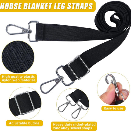 Horse Blanket Leg Straps, Elastic Belly Replacement Straps with Metal Double Swivel Snaps, 4 Pieces, Adjustable Length from 25.5" to 51"