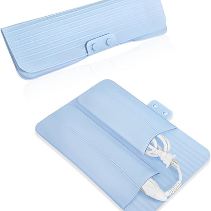 2-in-1 Heat Resistant Silicone Mat Travel Case, Soft Folding Storage Bag with 2 Pockets for Curling Iron, Flat Hair Straightener Non-Slip, Portable Hot Styling Tools(Blue)