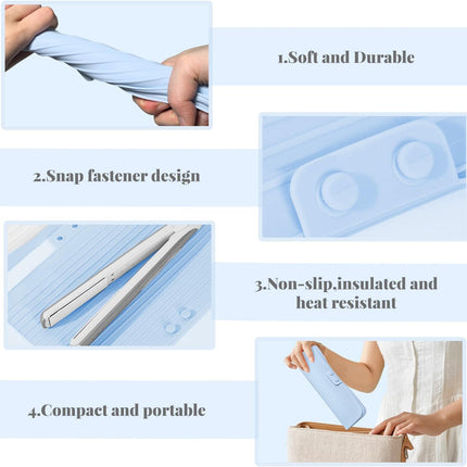 2-in-1 Heat Resistant Silicone Mat Travel Case, Soft Folding Storage Bag with 2 Pockets for Curling Iron, Flat Hair Straightener Non-Slip, Portable Hot Styling Tools(Blue)