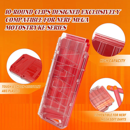 10 Darts Quick Reload Clips Compatible for Nerf Mega Motostryke Blaster Foam Dart Magazines Enhanced Blasting Fun Kids (Translucent Red)