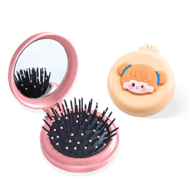 2PCS Mini Folding Hair Brush with Mirror for Women Portable 2-in-1 Air Cushion Comb Cute Cartoon (Pink Plus