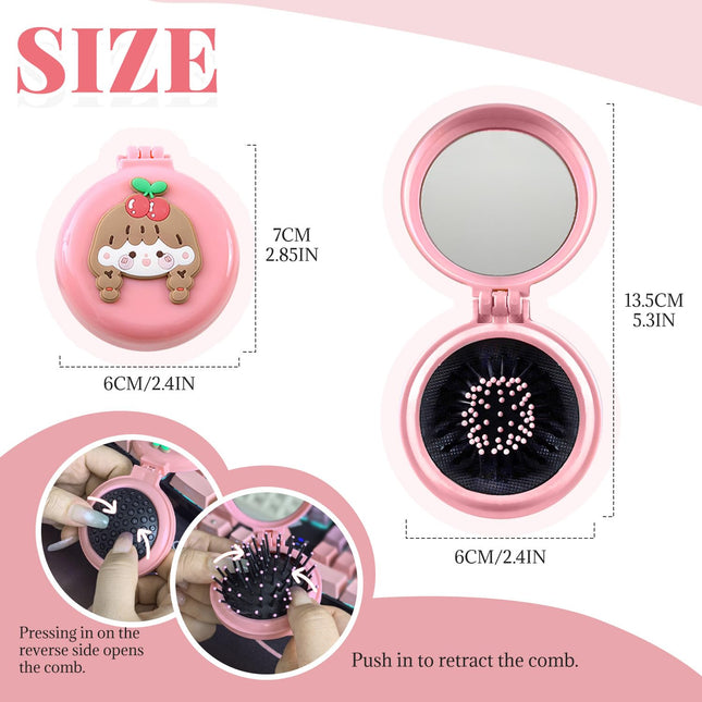 2PCS Mini Folding Hair Brush with Mirror for Women Portable 2-in-1 Air Cushion Comb Cute Cartoon (Pink – product detail