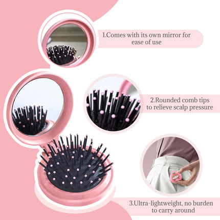 2PCS Mini Folding Hair Brush with Mirror for Women, Portable 2-in-1 Air Cushion Comb, Cute Cartoon Massage Brushes Travel, Girls Compact Makeup Gift (Pink+Yellow)