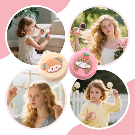 2PCS Mini Folding Hair Brush with Mirror for Women, Portable 2-in-1 Air Cushion Comb, Cute Cartoon Massage Brushes Travel, Girls Compact Makeup Gift (Pink+Yellow)