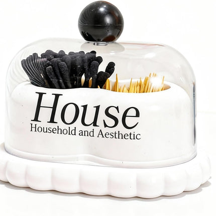 Dual Compartment Cotton Swab & Toothpick Holder with Lid, Minimalist Bathroom Canister Organizer for Vanity Countertop, Storage Qtips, Floss Picks (White)