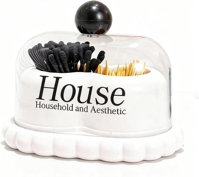Dual Compartment Cotton Swab & Toothpick Holder with Lid Minimalist Bathroom Canister Organizer for