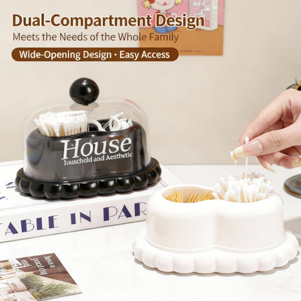 Dual Compartment Cotton Swab & Toothpick Holder with Lid, Minimalist Bathroom Canister Organizer for Vanity Countertop, Storage Qtips, Floss Picks (White)