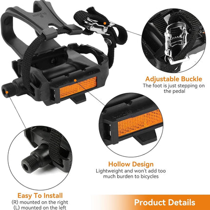 1 Pair Bike Pedals, Pedals with Toe Cages Road Bicycle Clip Adjustable Clips Straps for Wide Shoes Indoor Outdoor Cycling