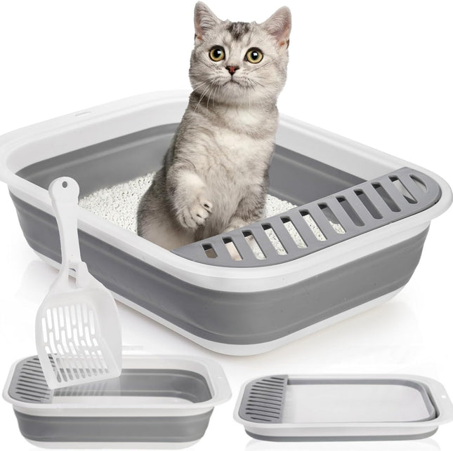 Collapsible Small Cat Litter Box 17.7'' Open Foldable Kittens Potty with Scoop Shallow Anti Splash in Grey