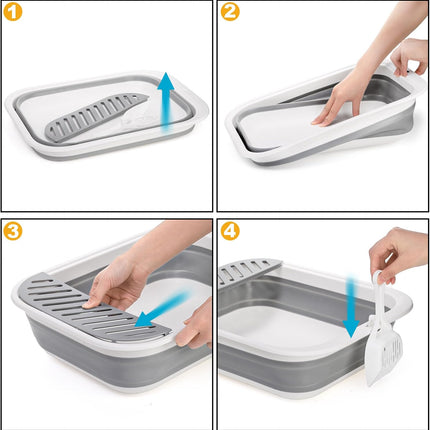 Collapsible Small Cat Litter Box, 17.7'' Open Foldable Kittens Potty with Scoop, Shallow Anti Splash Travel Toilet, Semi Enclosed Height Adjustable Sides Pan for Sick Frail Grey