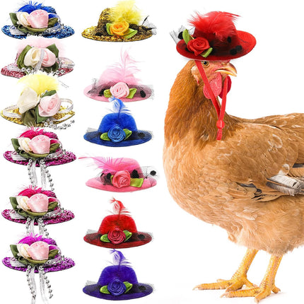 12 Pcs Chicken Hats for Hens, Mini Feather Top Helmet Halloween Accessories, Funny Small Hat Tiny Pet Hat, Show Costume Rooster Duck Hamster Parrot Bird Poultry Snake