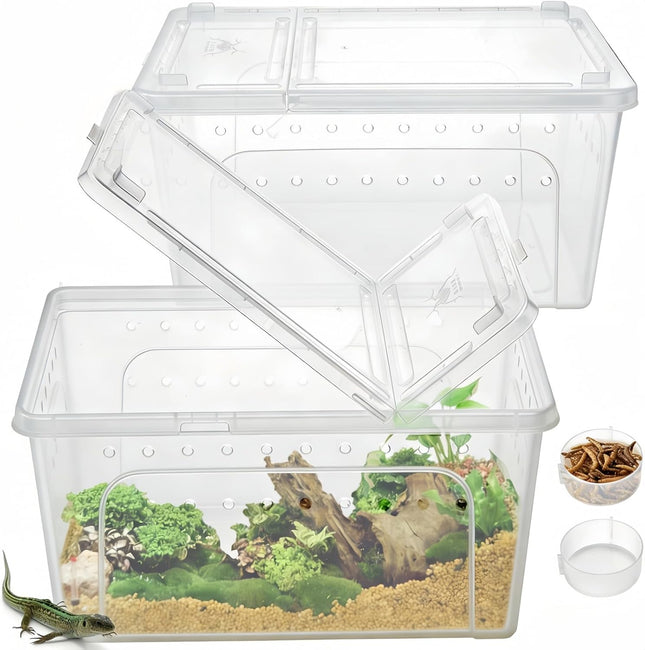 2 Pack Reptile Feeding Box 12.6 x8.7 x6 Transparent Snake Enclosure Terrarium Plastic Spider Habitat