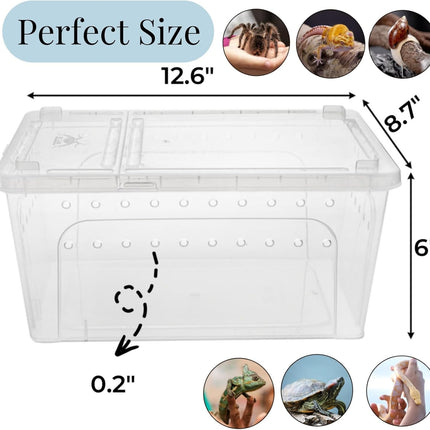 2 Pack Reptile Feeding Box, 12.6"x8.7"x6" Transparent Snake Enclosure Terrarium, Plastic Spider Habitat Cage with Bowl, Small Hatching Container Ventilated Lid for Lizard Frog