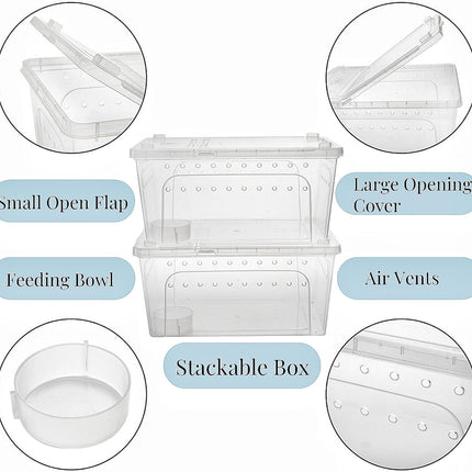 2 Pack Reptile Feeding Box, 12.6"x8.7"x6" Transparent Snake Enclosure Terrarium, Plastic Spider Habitat Cage with Bowl, Small Hatching Container Ventilated Lid for Lizard Frog