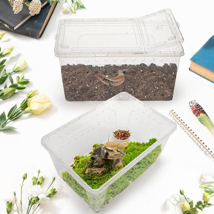 2 Pack Reptile Feeding Box, 12.6"x8.7"x6" Transparent Snake Enclosure Terrarium, Plastic Spider Habitat Cage with Bowl, Small Hatching Container Ventilated Lid for Lizard Frog