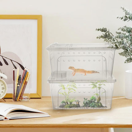 2 Pack Reptile Feeding Box, 12.6"x8.7"x6" Transparent Snake Enclosure Terrarium, Plastic Spider Habitat Cage with Bowl, Small Hatching Container Ventilated Lid for Lizard Frog