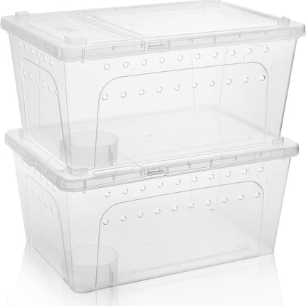 2 Pack Reptile Feeding Box, 12.6"x8.7"x6" Transparent Snake Enclosure Terrarium, Plastic Spider Habitat Cage with Bowl, Small Hatching Container Ventilated Lid for Lizard Frog