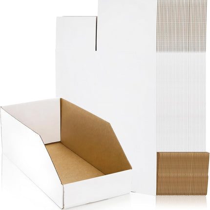 35 Pack Cardboard Storage Bins, 12" x 6" 4.5" Corrugated Open Top Box, White Pantry Shelf Organizer Bins for Parts Snacks, Ideal Garage Warehouse Home Packing Moving, Easy Assembly