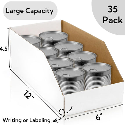 35 Pack Cardboard Storage Bins, 12" x 6" 4.5" Corrugated Open Top Box, White Pantry Shelf Organizer Bins for Parts Snacks, Ideal Garage Warehouse Home Packing Moving, Easy Assembly