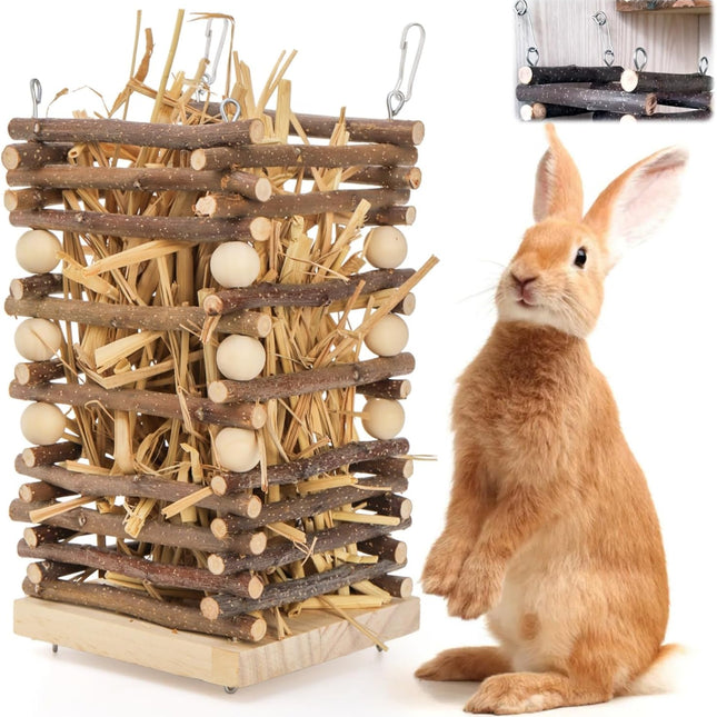 Wood Rabbit Hay Feeder, 7" Hanging Grass Holder with 2 Hooks, Small Animals Feeding Manager for Cage, Bunny Feeder Rack Chinchilla Guinea Pig Hamster Gerbil