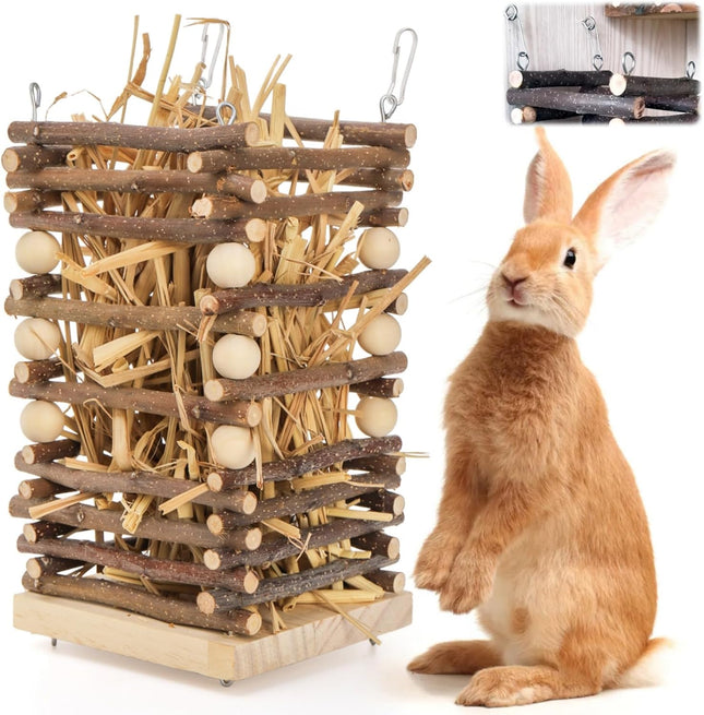 Wood Rabbit Hay Feeder 7 Hanging Grass Holder with 2 Hooks Small Animals Feeding Manager V1259-DP01-A-934