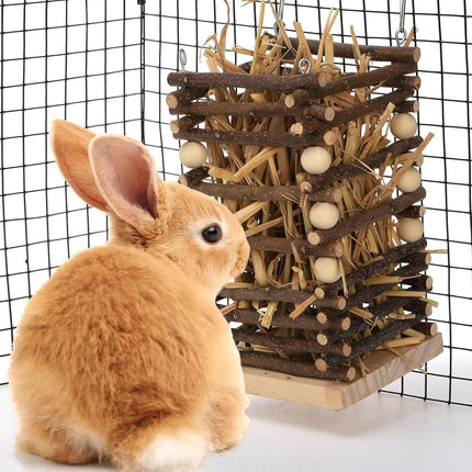 Wood Rabbit Hay Feeder, 7" Hanging Grass Holder with 2 Hooks, Small Animals Feeding Manager for Cage, Bunny Feeder Rack Chinchilla Guinea Pig Hamster Gerbil