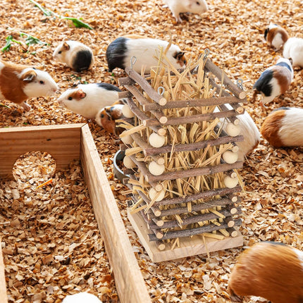 Wood Rabbit Hay Feeder, 7" Hanging Grass Holder with 2 Hooks, Small Animals Feeding Manager for Cage, Bunny Feeder Rack Chinchilla Guinea Pig Hamster Gerbil