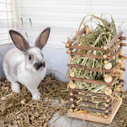 Wood Rabbit Hay Feeder, 7" Hanging Grass Holder with 2 Hooks, Small Animals Feeding Manager for Cage, Bunny Feeder Rack Chinchilla Guinea Pig Hamster Gerbil