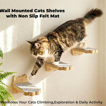 3 Pack Wood Cat Wall Steps, Mounted Cats Shelves with Non Slip Felt Mat, Floating Kittens Furniture Shelf, Perches Tree for Adult Climbing, Jumping, Lounging, Holds up 30lbs