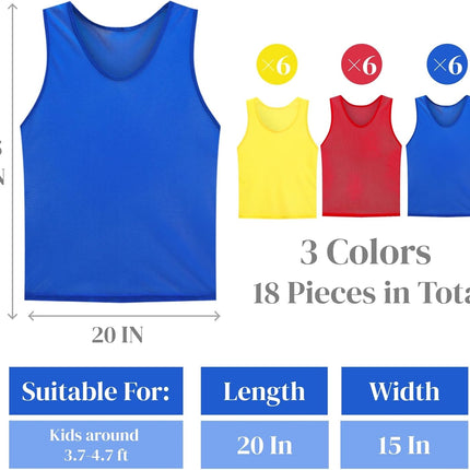 18 Packs Youth Team Pinnies, Kids Scrimmage Training Vest, Pennies, Jerseys Mesh Practice Vests for Basketball, Soccer, Football, Volleyball, 3 Colors