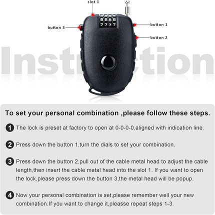 Snowboardslot - 4-position combination 27.5 inch - retractable cable lock - for snowboards, bikes, luggage, backpacks, scooters, suitcases - small - multi-functional - travel security lock - black